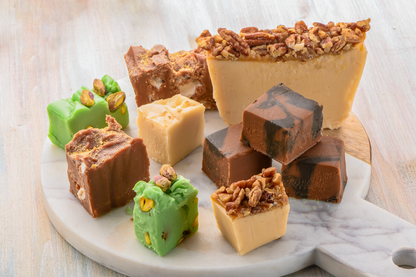 Assorted fudge pieces on a stone platter