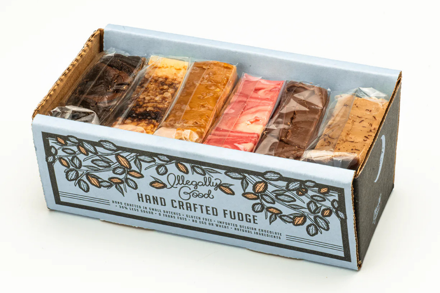 Open box packaging with 6 slices of fudge inside