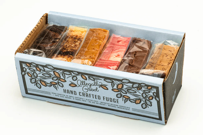 Open box packaging with 6 slices of fudge inside