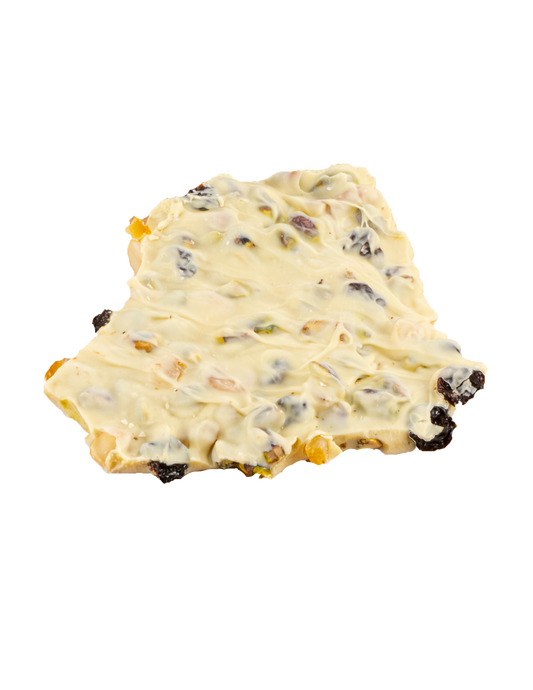 Piece of white chocolate bark with friend and nuts on a transparent background