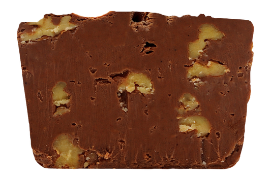 Slice of chocolate fudge with walnut pieces mixed in